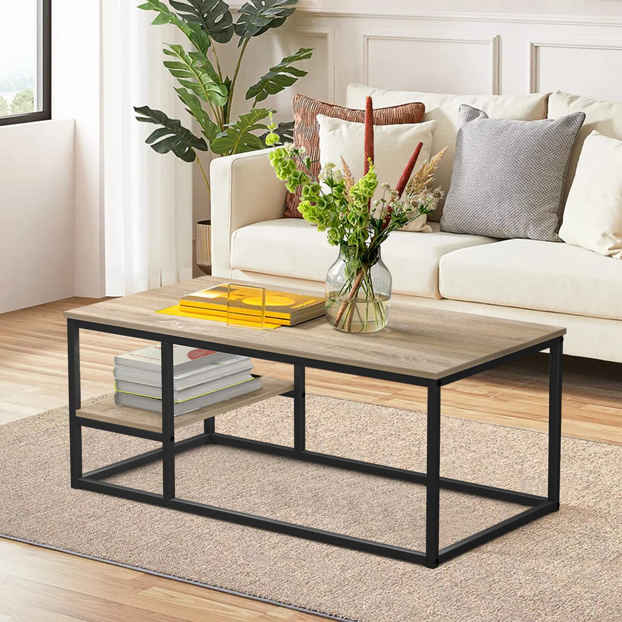 Coffee Table, Living Room Table, Coffee Table with Steel Frame and Shelves