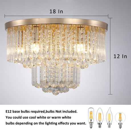 KRASTY Gold Crystal Raindrop Chandelier Flush Mount Ceiling Light, 5 Lights Modern Round K9 Crystal Chandelier Light Fixtures for Bedroom Bathroom Living Dining Room Hallway,H12 x D18