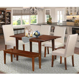 East West Furniture PSDR6C-MAH-01 6 Piece Dining Set Contains a Rectangle Kitchen Table with Butterfly Leaf and 4 Cream Linen Fabric Parson Chairs with a Bench, 32x60 Inch