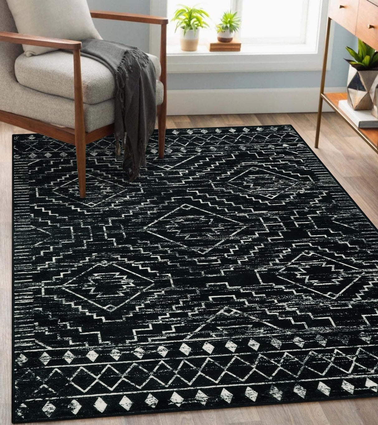 Moroccan Washable Rug 4x6, Black Boho Living Room Area Rug, Non-Slip Farmhouse Bedroom Carpet Dorm Room