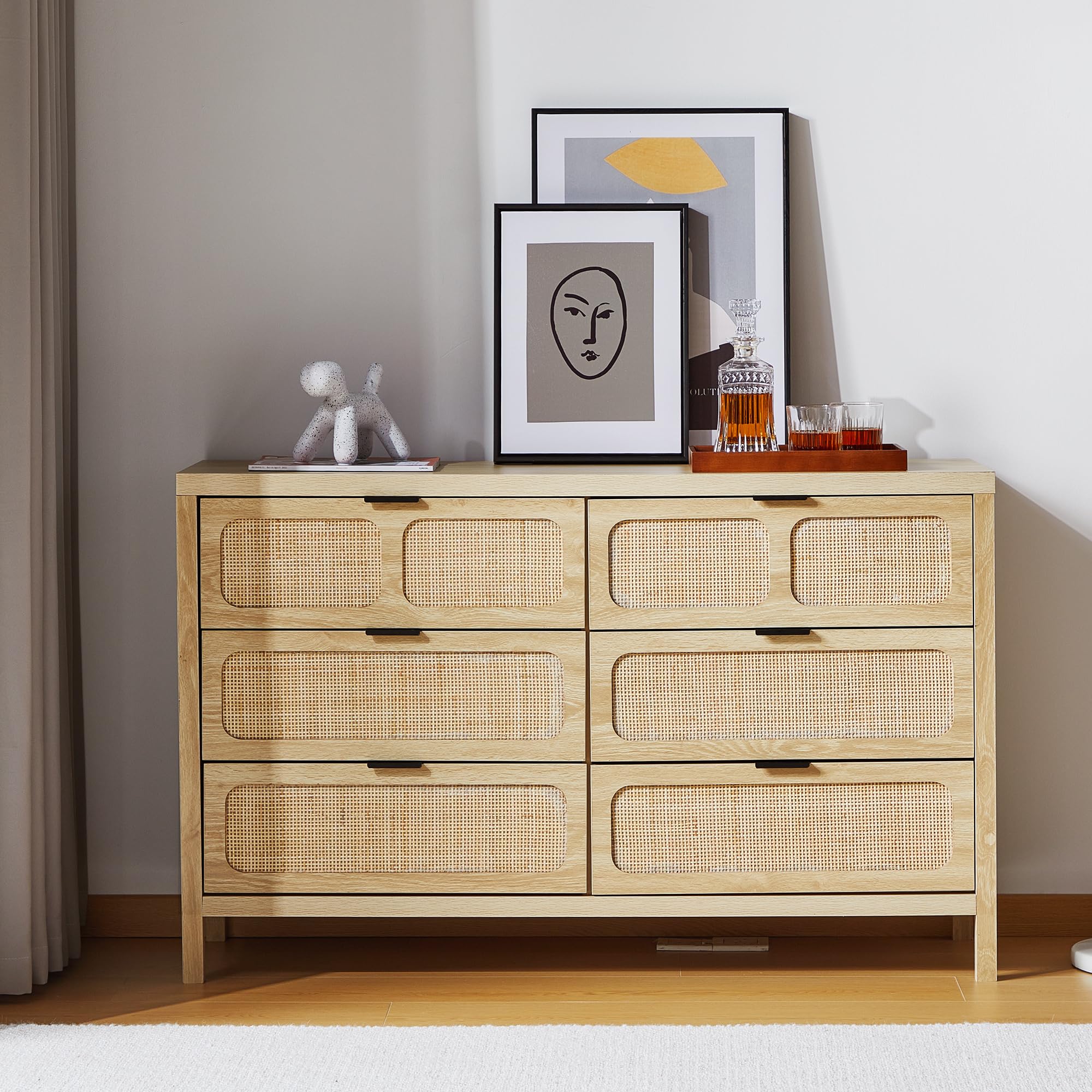 6 Drawer Dresser for Bedroom, Rattan Dresser Drawer Organizer with