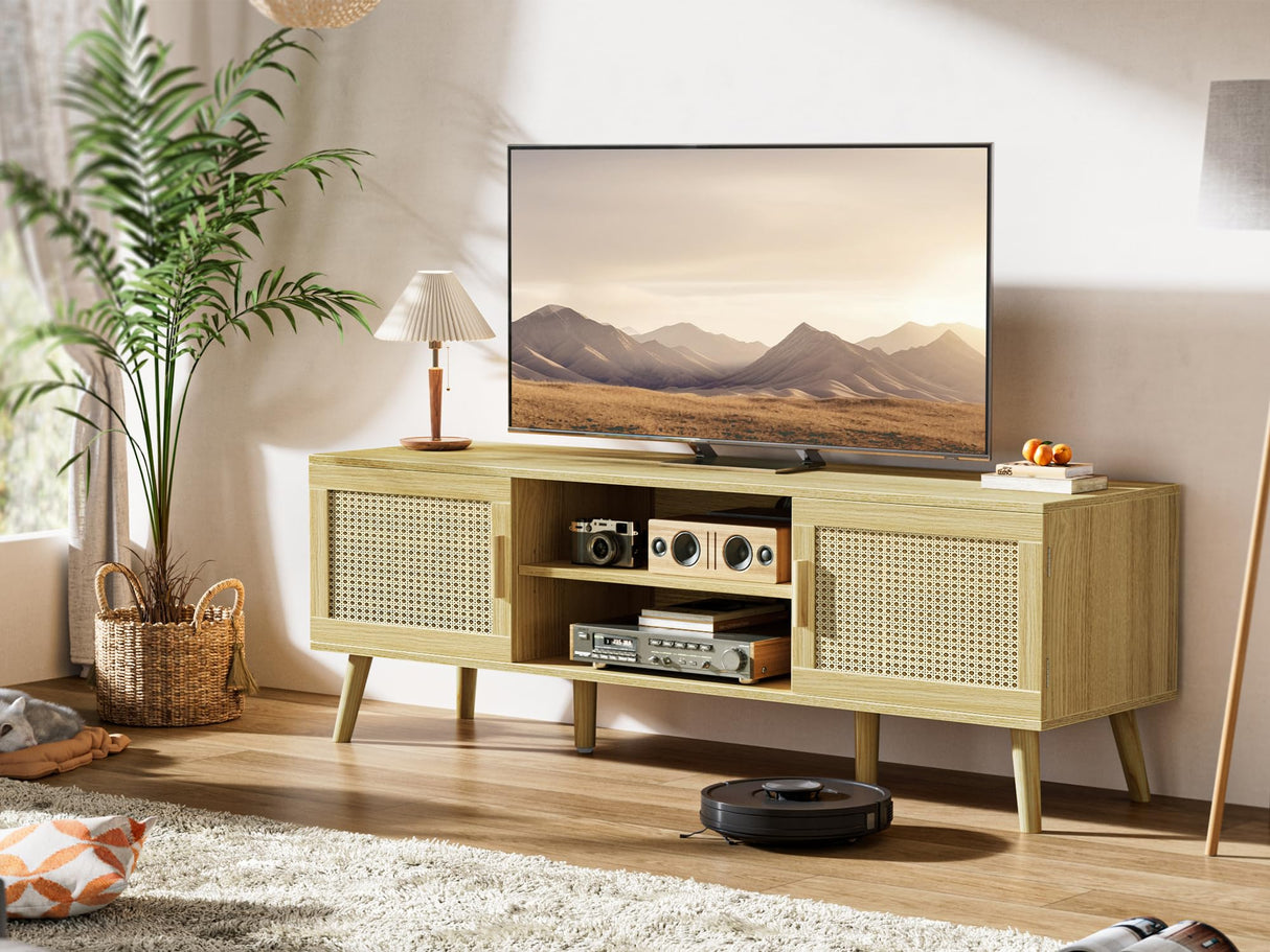 Boho TV Stand for 55 Inch TV, Entertainment Center with Adjustable Shelf, Rattan TV Console