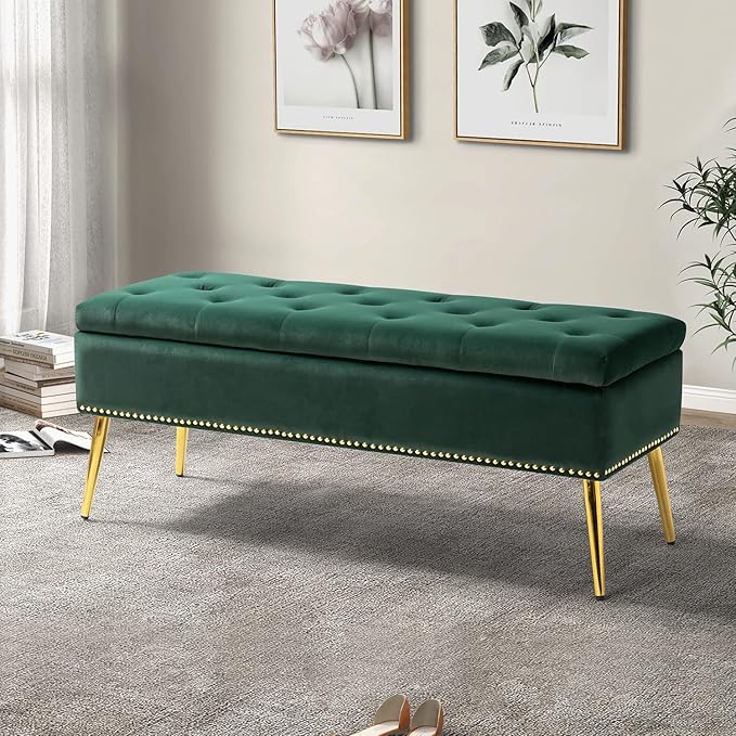 Modern Velvet Storage Ottoman Bench with Gold Base & Nailhead Trim, Upholg Room Dining Room