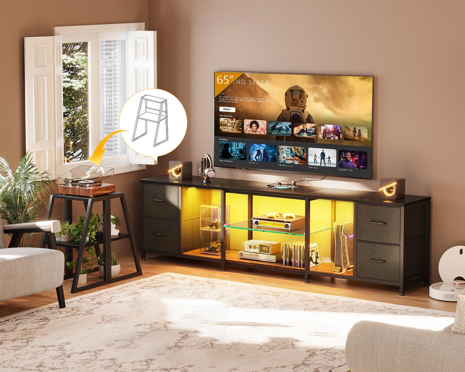 TV Stand for 40-60 Inch TVs with LED Lights & Power Outlets