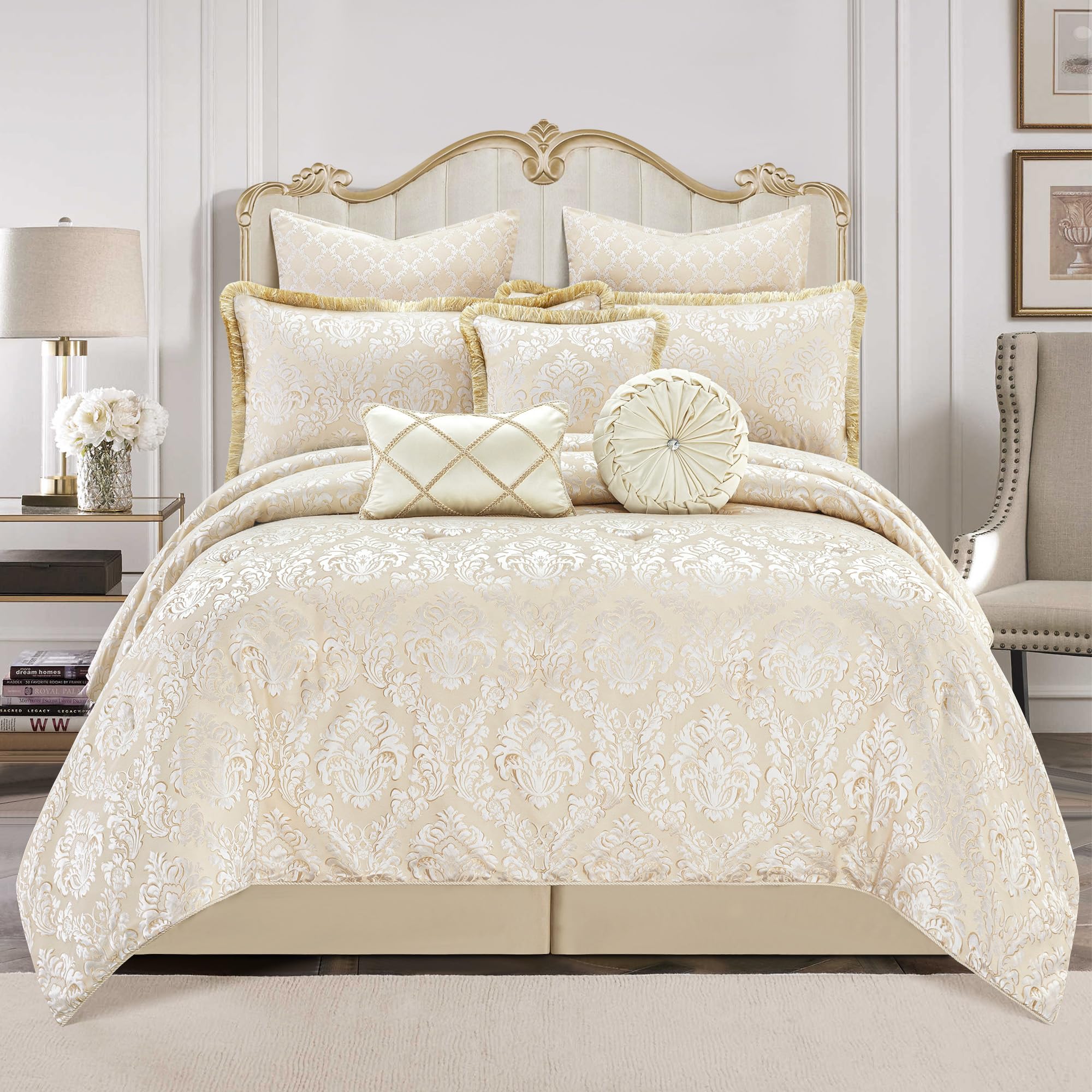 9-Piece Damask Comforter Set - Jacquard Medallion Floral Bedding Queen