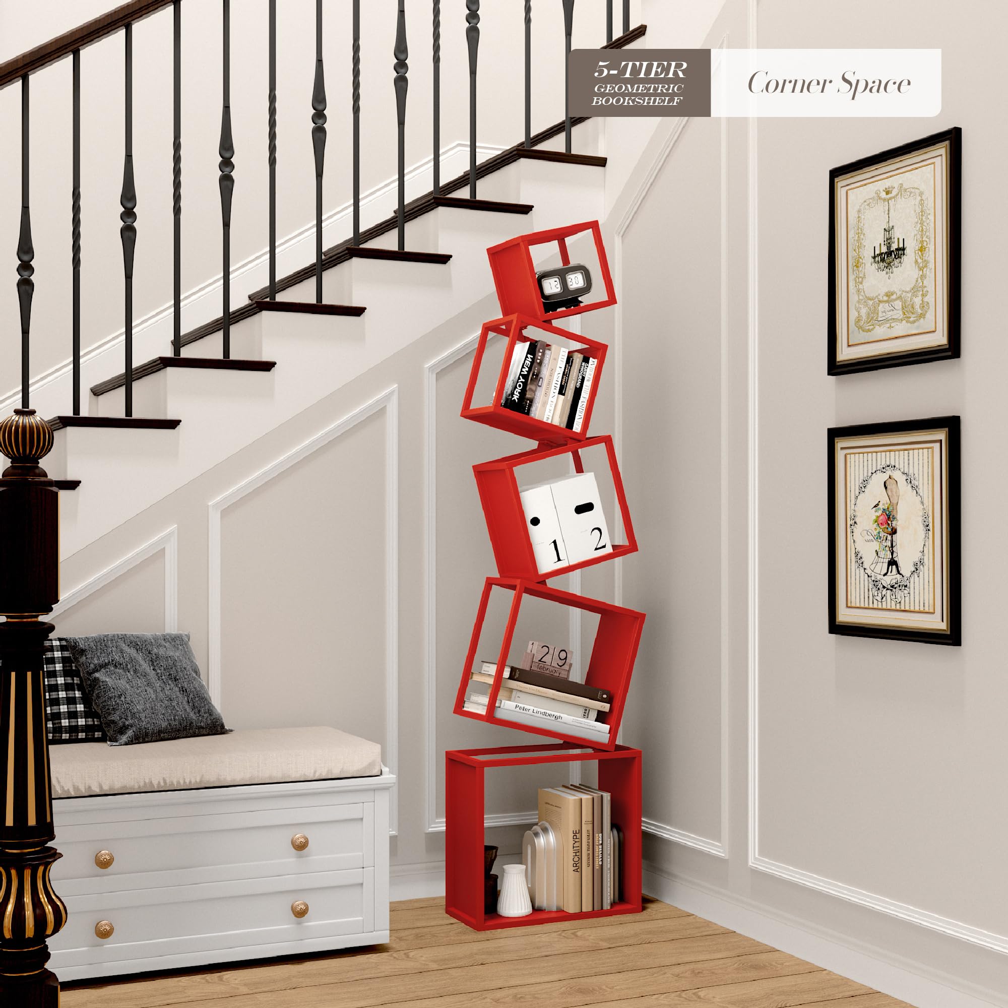 Bookshelf, 5-Tier Geometric Bookcase, 70.6" Tall Red Book Organizer,