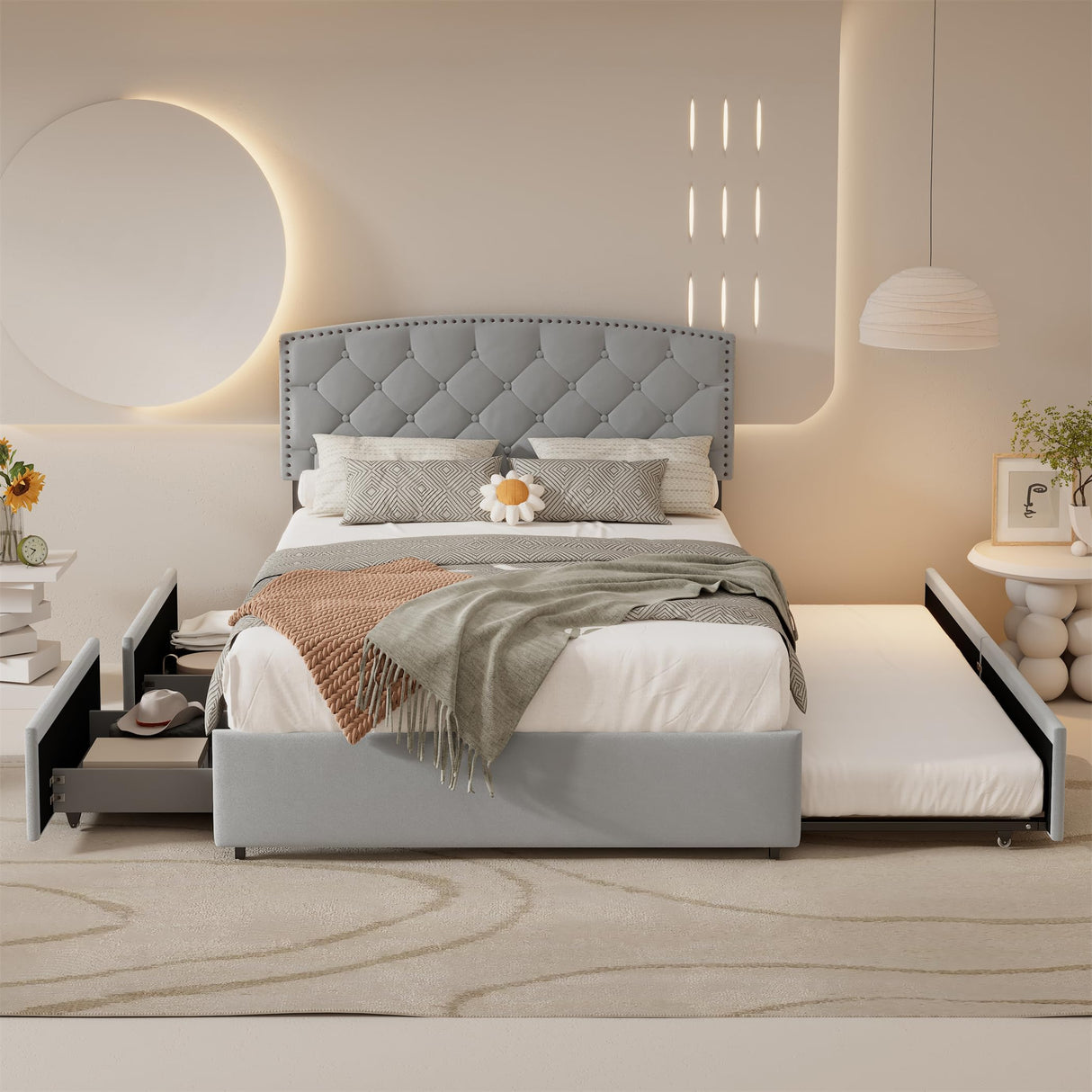 Plush Velvet Upholstered Platform Bed Frame with 2 Big Drawers Trundle for Kids Teens