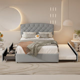 Plush Velvet Upholstered Platform Bed Frame with 2 Big Drawers Trundle for Kids Teens