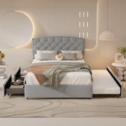 Plush Velvet Upholstered Platform Bed Frame with 2 Big Drawers Trundle for Kids Teens