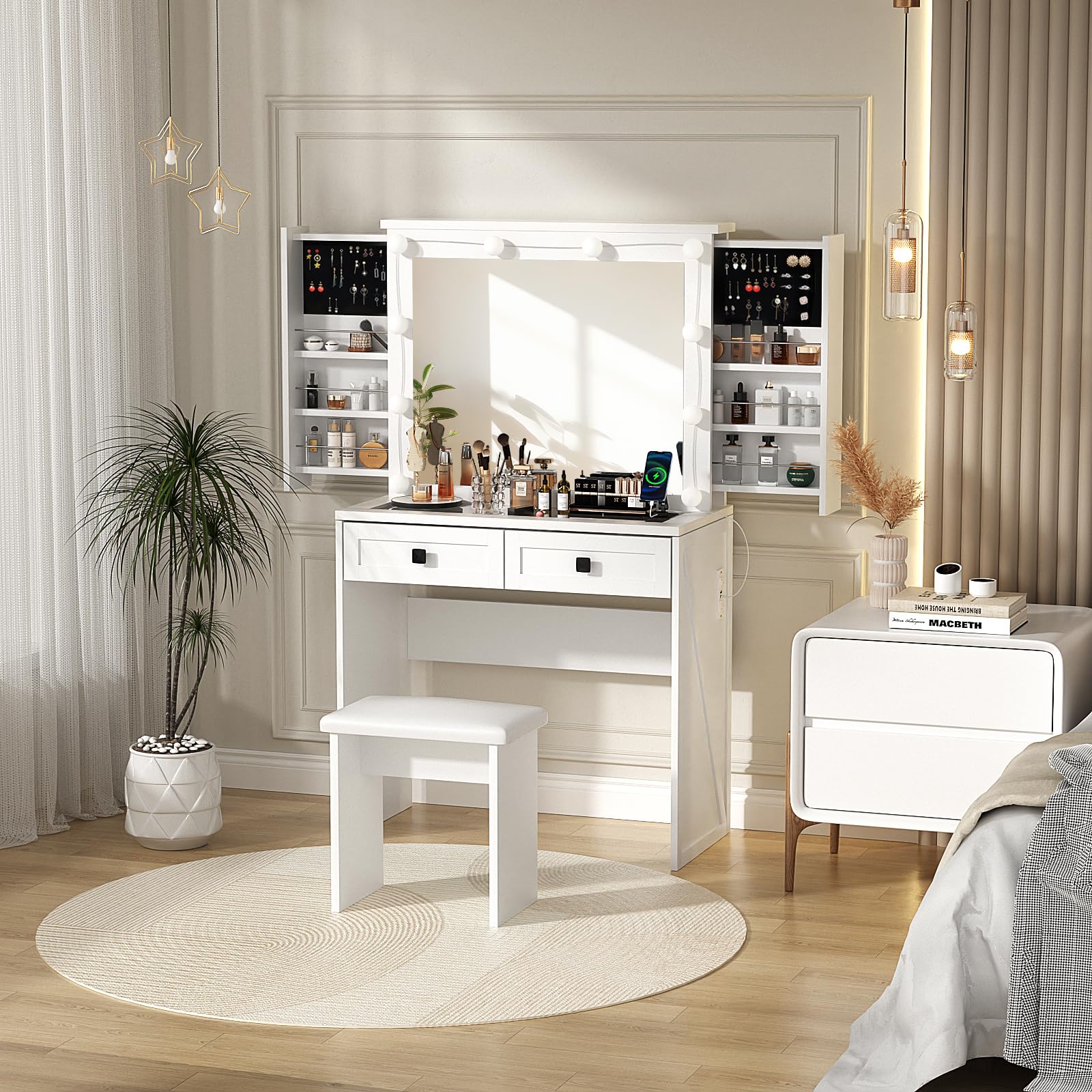 SMOOL Farmhouse Vanity with Lighted Mirror, Vanity Desk with Power Outlet & Power Outlet, 3 Color Lighting Modes Adjustable Brightness, Vanity Table for Women Girls, White