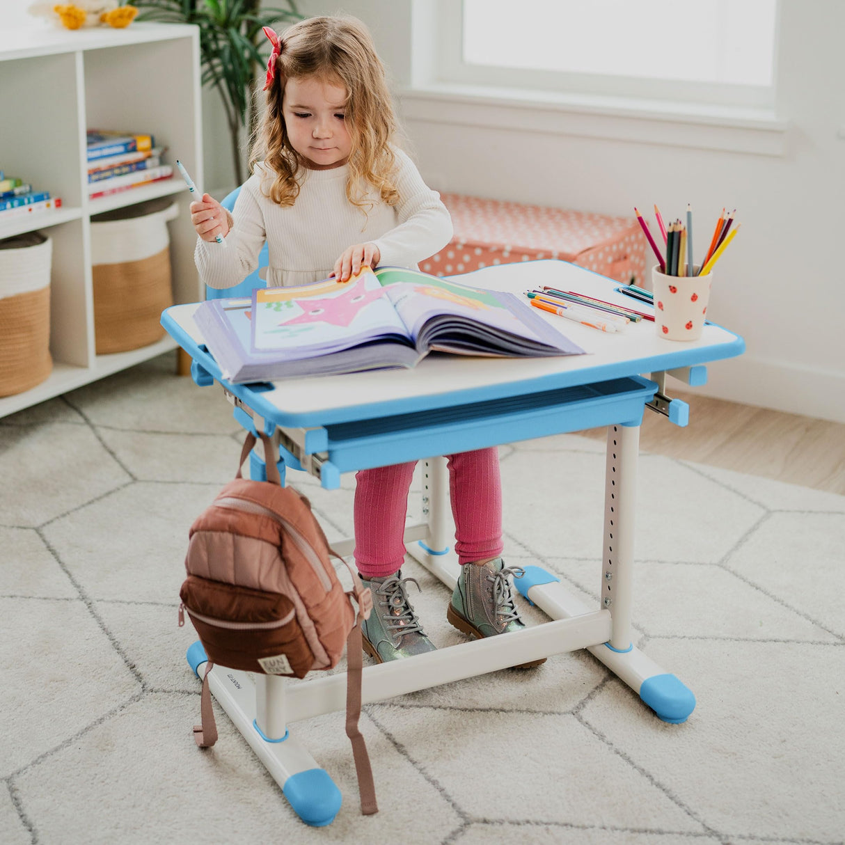 Desk and Chair Set, Height Adjustable Sturdy, Girl Desk, Kids Art Desk, Kids Study Desk and Chair Set for Boys, Home School, Drafting Desk, Ergonomic Childrens Storage Drawer Blue