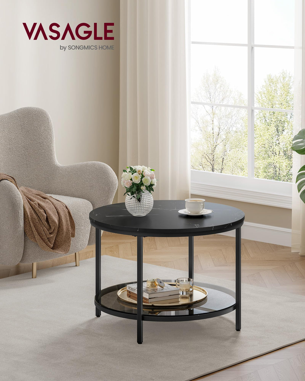 Round Coffee Table, Small Coffee Table with Faux Marble Top and Glass Storage Shelf