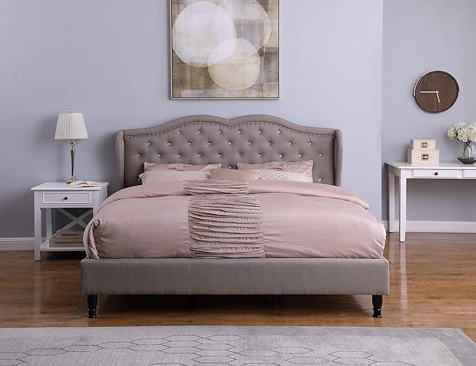 Premiere Curved Classics Cloth Light Grey Silver Linen 51" Tall Headboard Platform Bed