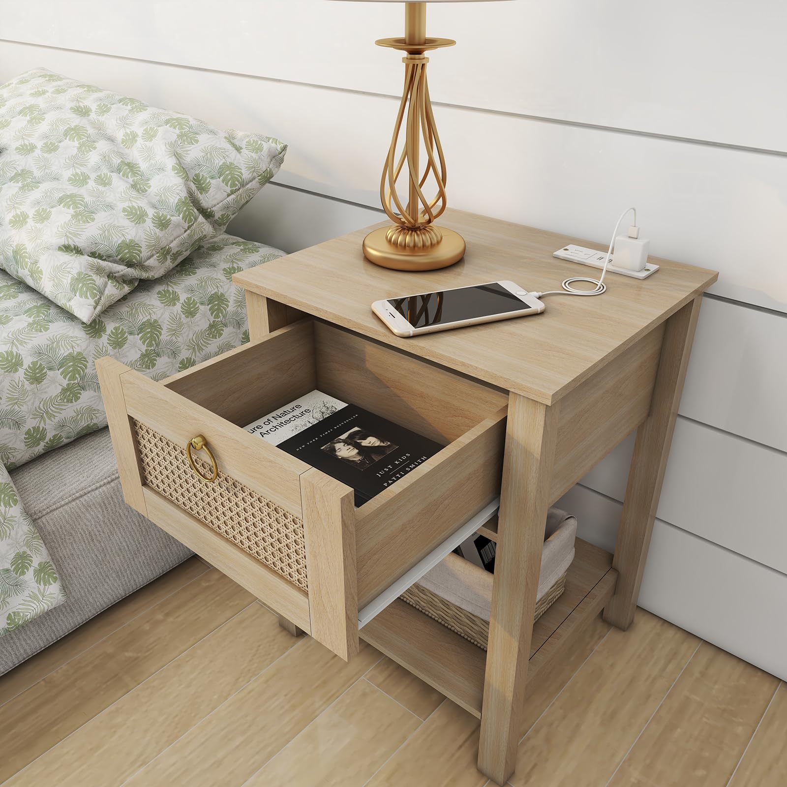 Rattan Nightstand Set of 2, Farmhouse Night Stands