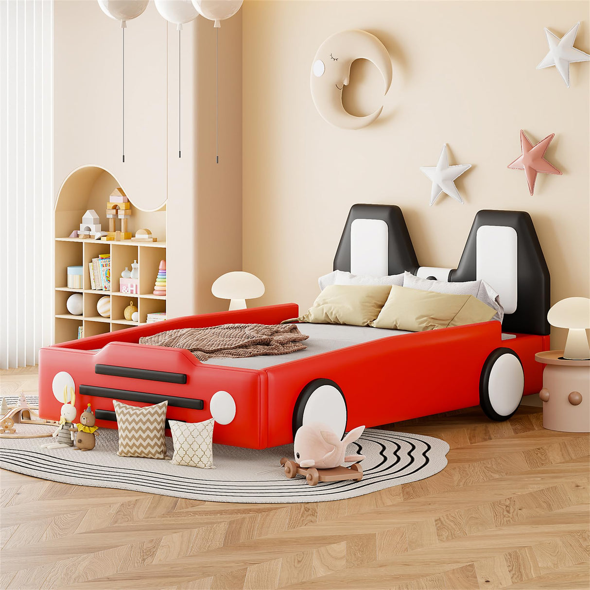 Twin Race Car Bed Frame with Wheels and Leather Headboard