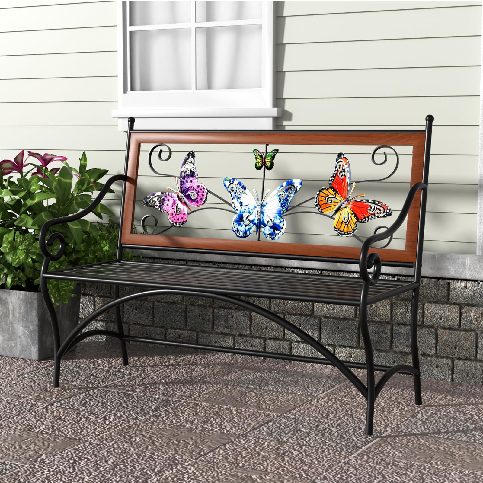 39.7" Outdoor Bench, Garden Bench, Patio Bench with Armrest, Slatted Seat and Butterfly