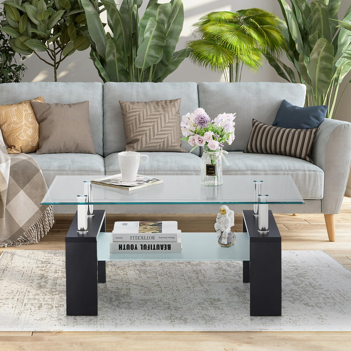 Modern Rectangle Coffee Table, Tempered Glass Center Table with Open Storage Shelf