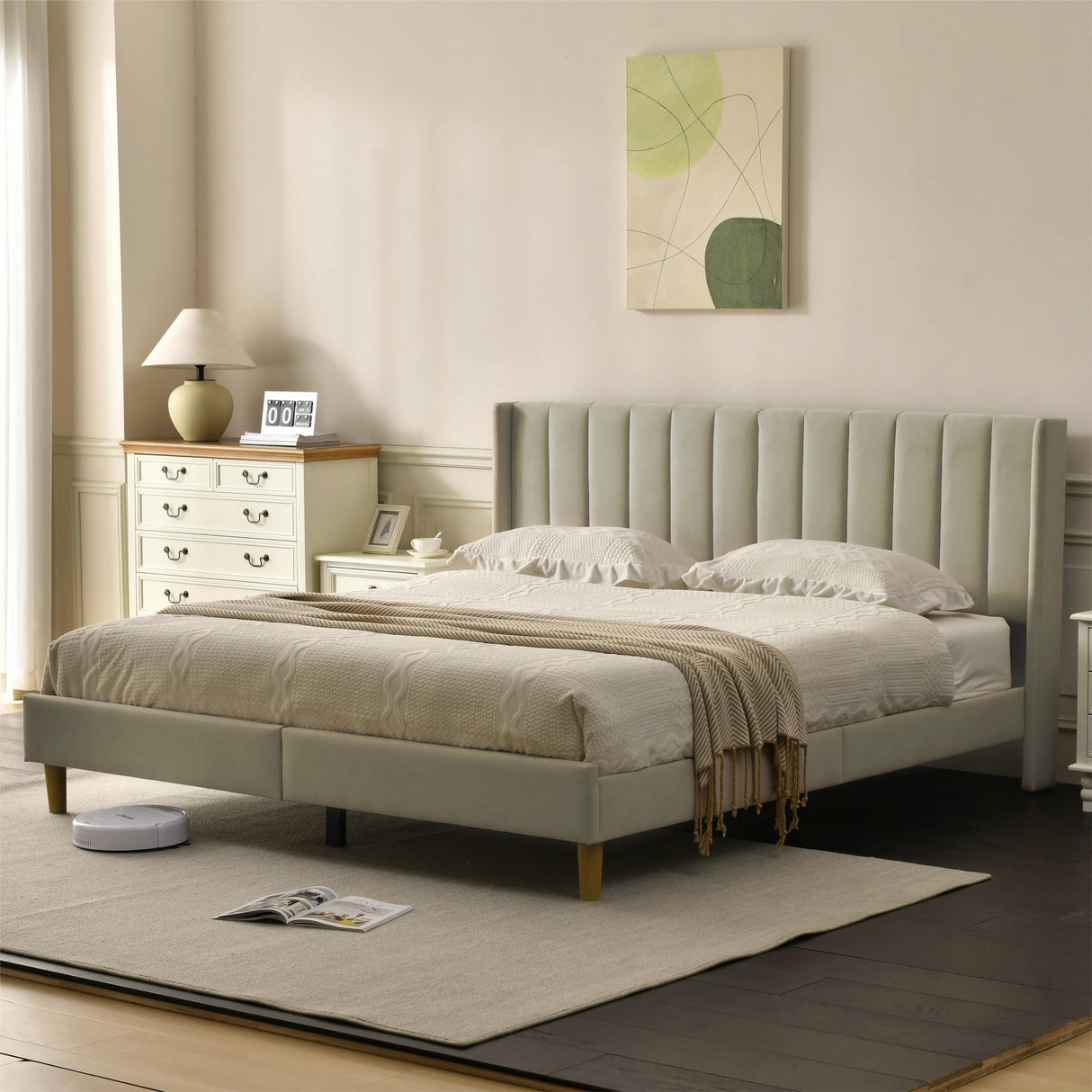 Modern Upholstered Bed Frame with Double Wingback Headboard