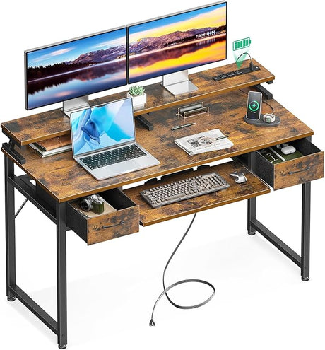 ODK Gaming Desk with Led Lights and Power Outlet, 48 Inch Computer Desk with Drawers and Keyboard Tray, PC Desk with Monitor Stand, Work Desk for Home Office, White