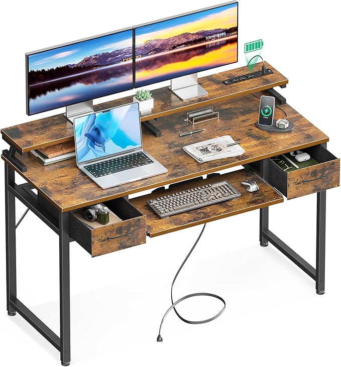 Gaming Desk with Led Lights and Power Outlet, 48 Inch Computer Desk with Drawers and Keyboard Tray, PC Desk with Monitor Stand, Work Desk for Home Office, Black