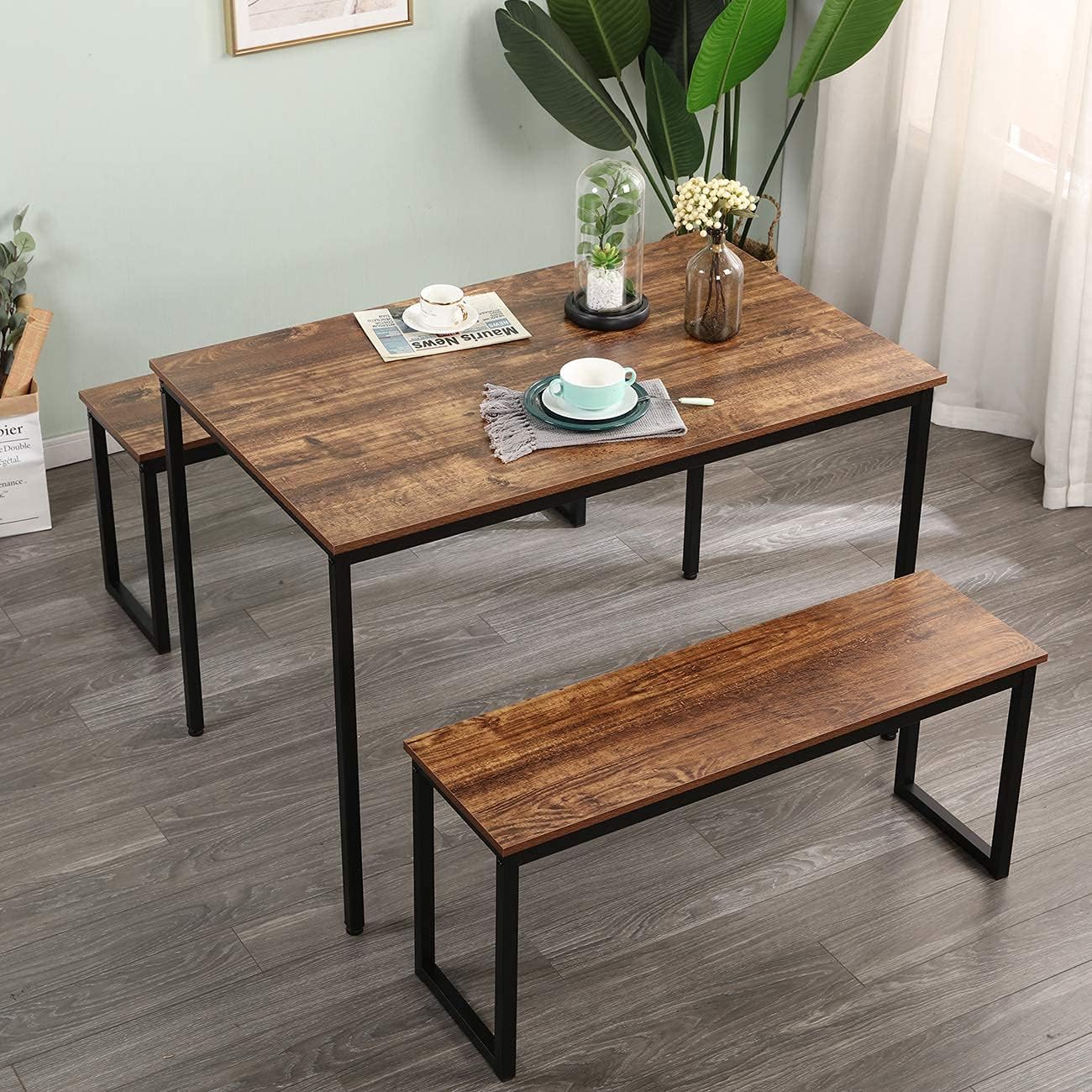 SDHYL Dining Table Set, 45in Dining Table Sets with 2 Benches, Dining Room Table Set for 3, Small Rectangular Wood Dining Table with 2 Bench Chairs/3 Piece Set for Home, Kitchen, Dining Room, Vintage