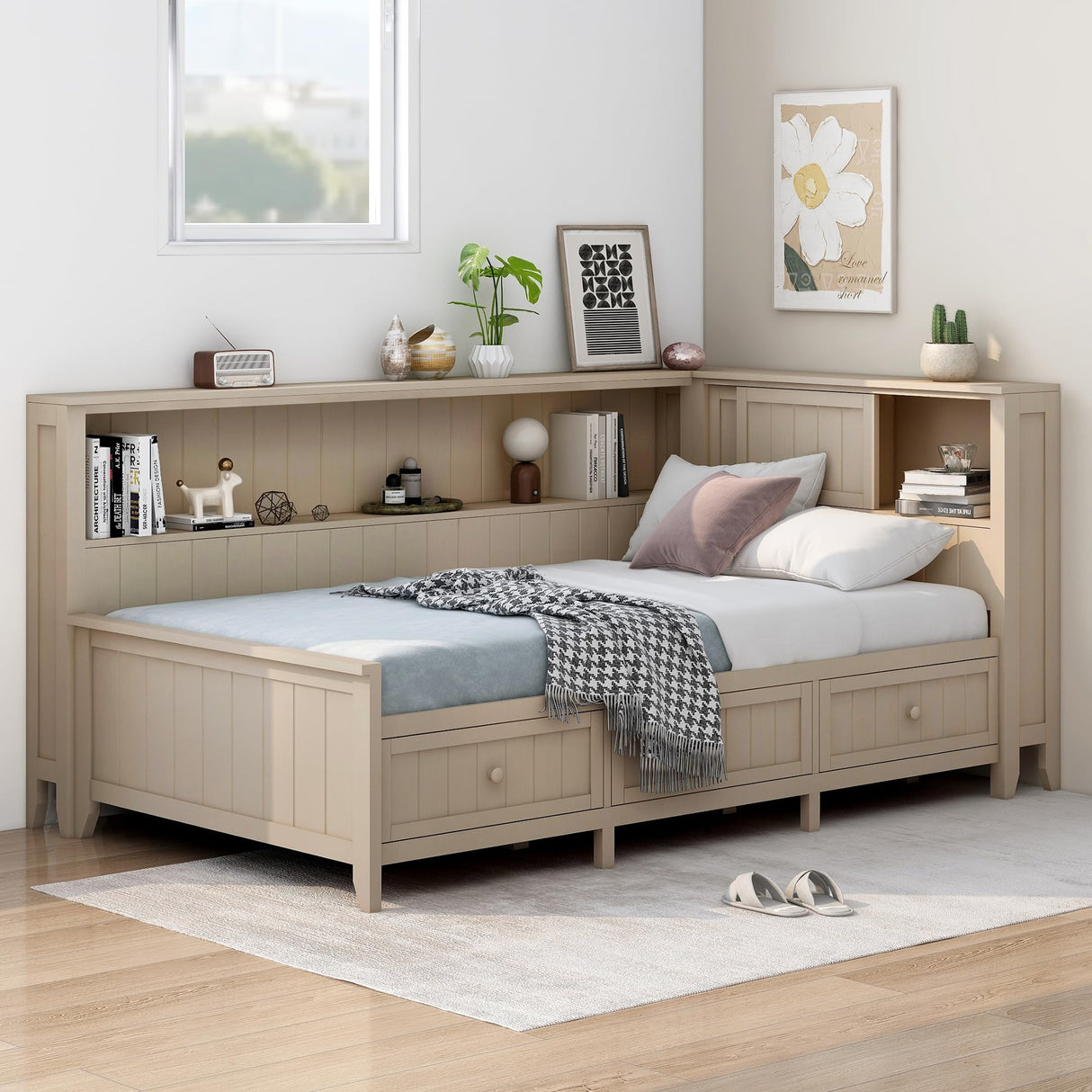 Wood Twin Daybed Frame with Storage Shelves and 3 Drawers, Antique White Milk