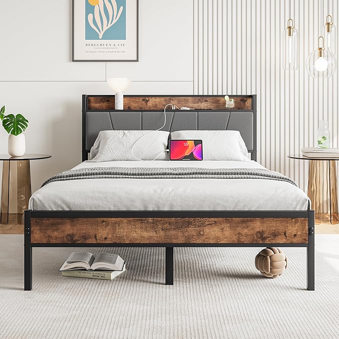 BOFENG Black Full Size Bed Frame with Storage Headboard,Metal Upholstered Platform