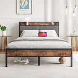BOFENG Black Full Size Bed Frame with Storage Headboard,Metal Upholstered Platform