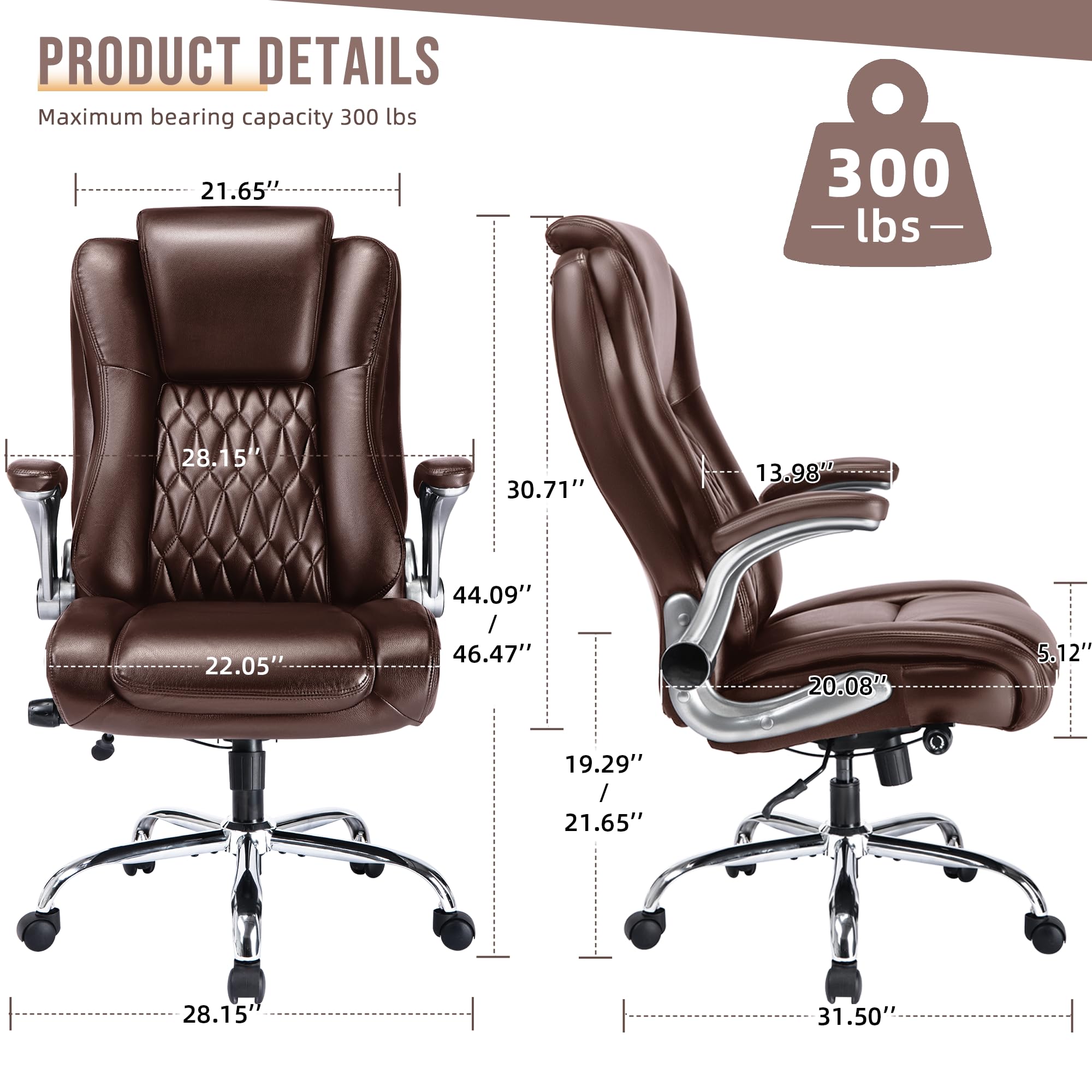 High Back Office Chair with Flip-up Armrests - Lifting Headrest, Built-in Adjustable