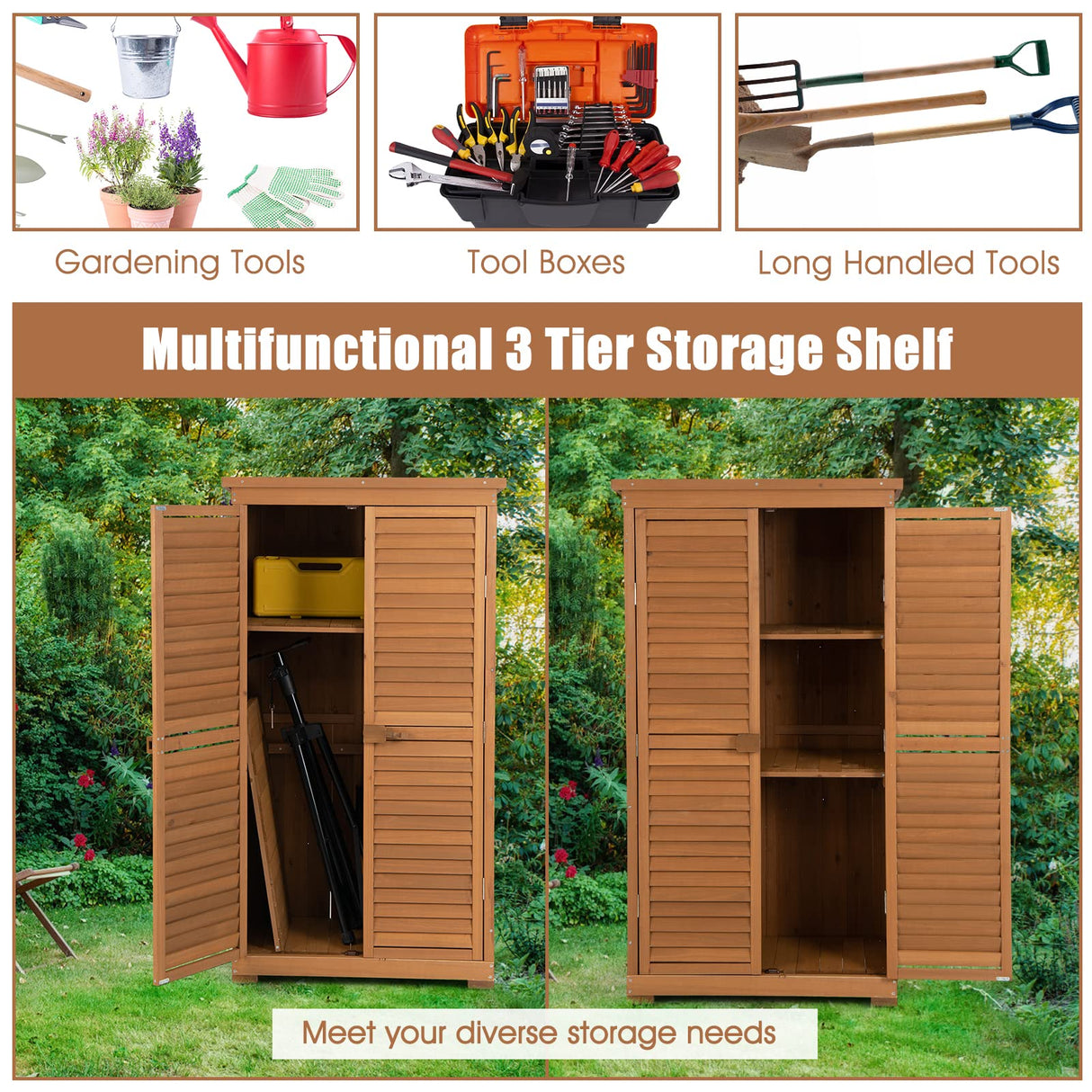 Outdoor Storage Cabinet, 63" Wood Garden Tool Shed