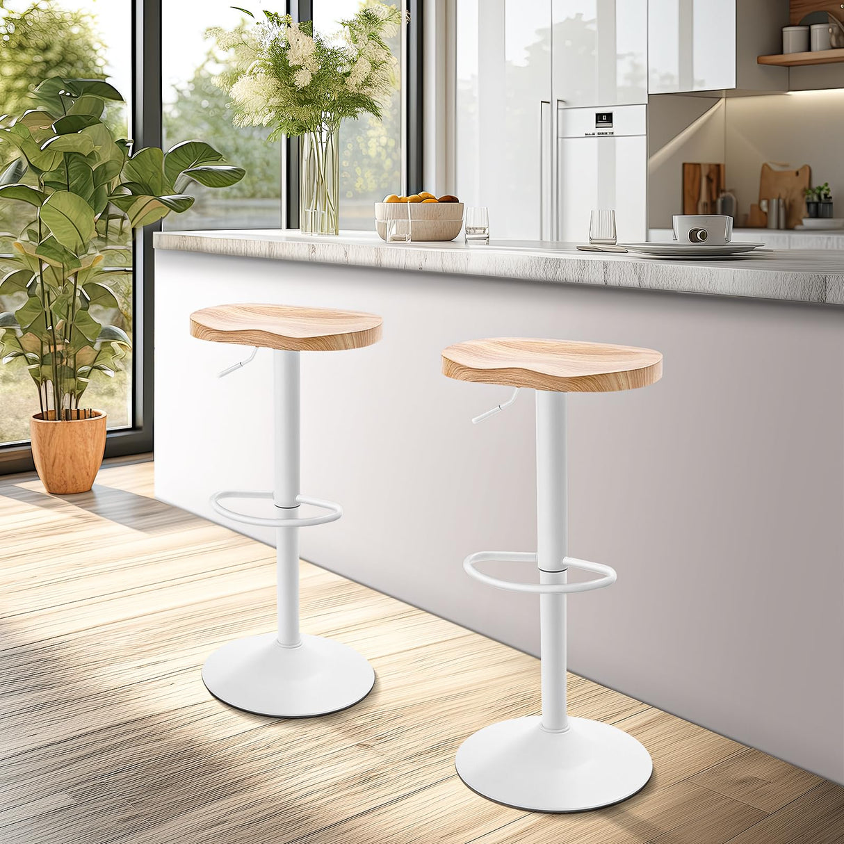 Modern Bar Stools Set of 2, Swivel Adjustable Height Bar Stool Counter Height, 23''-32'' Backless Bar Stools with Wooden Seat, Wood Bar Stools for Kitchen Island Bar Dining Room (White