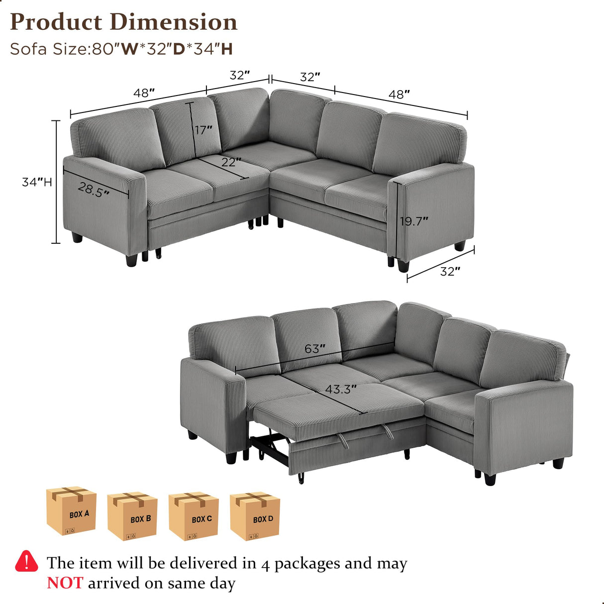 80'' Sectional Sleeper Sofa with Pull Out Couch Bed,L Shaped Couch