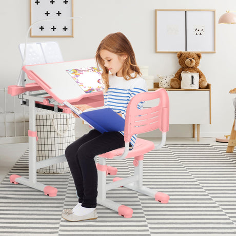 Kids Desk and Chair Set Height Adjustable School Study Desk and Chair with 55° Tiltable Desktop