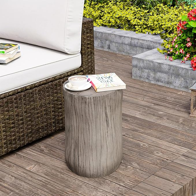 Concrete Outdoor Side TableSet of 2, 2 Piece Tree Stump Modern Round Coffee Table Accent Table