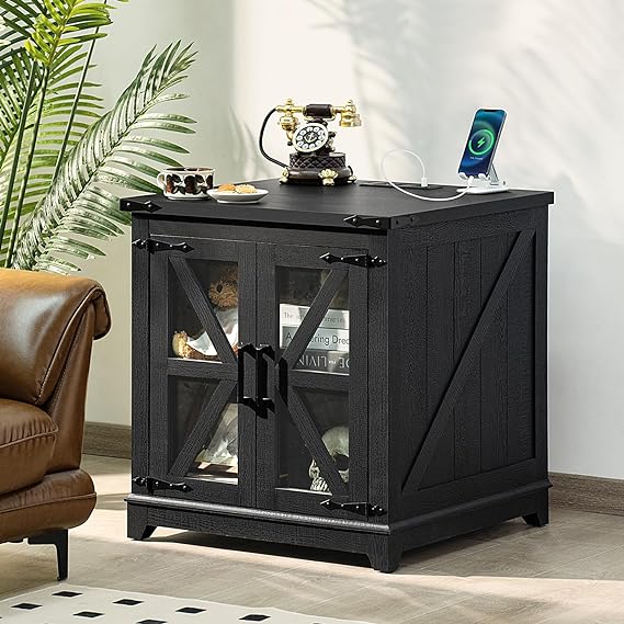 Farmhouse End Table with Charging Station, 24" Large Sofa Side Table