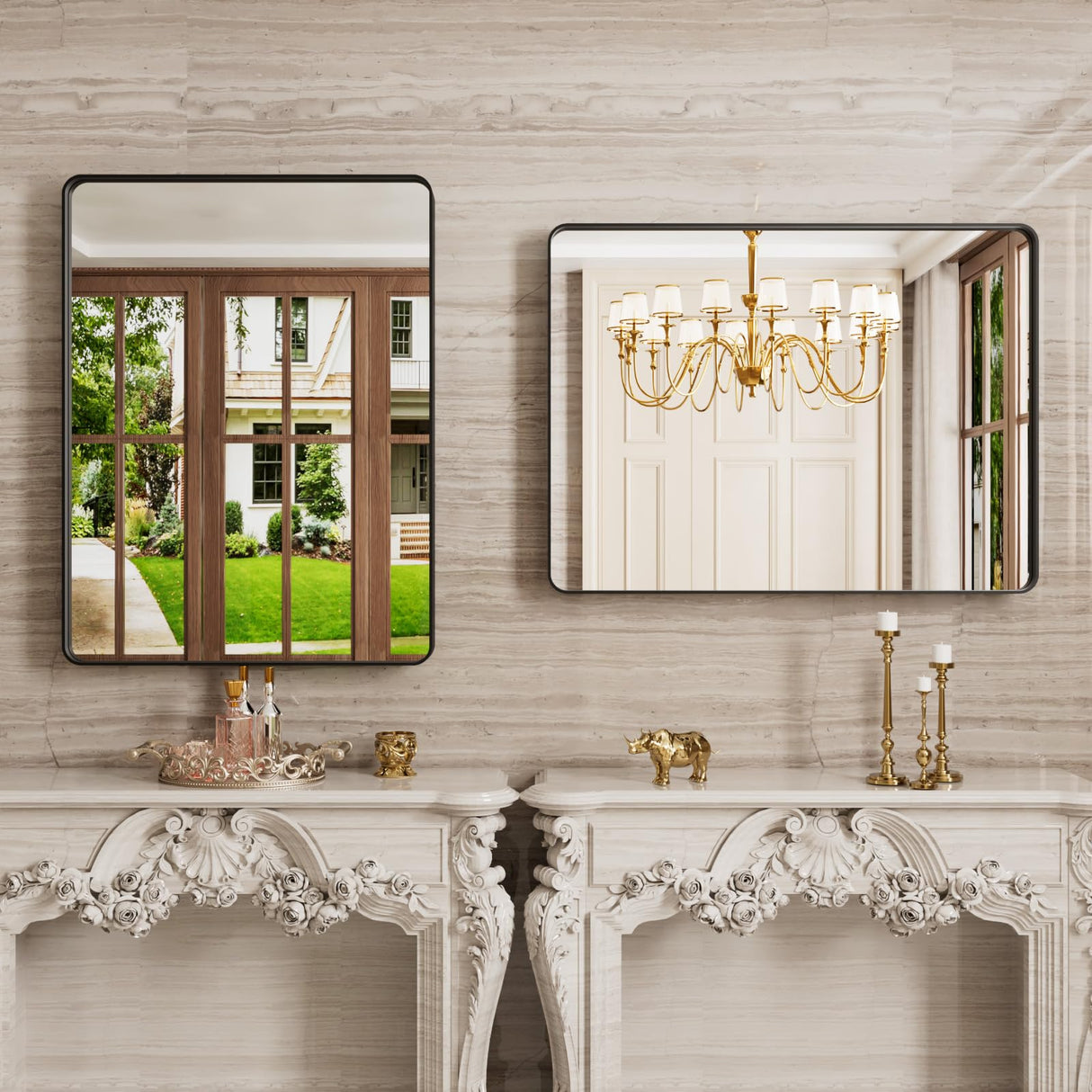 Black Bathroom Mirror, 24x36 Inch Rounded Rectangle Matte Framed Wall Mounted Mirror