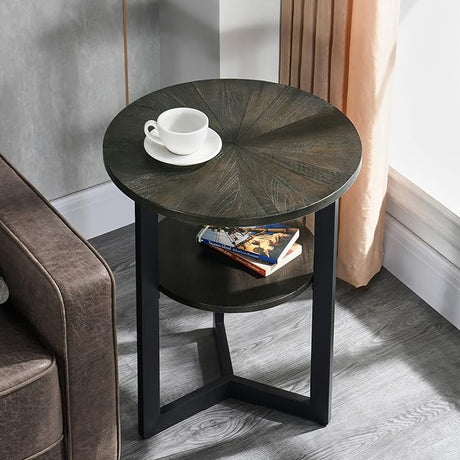 Round End Table with Storage, Solid Wood Sofa Side Table with Metal Frame