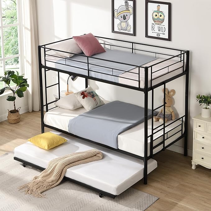 Twin Size Bunk Bed with Safety Guardrail, 2 Side Ladders, Trundle