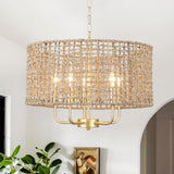 Boho Chandelier Light Fixture for Dining Room 5 Light, 18.8'' Gold Hand Woven Drum