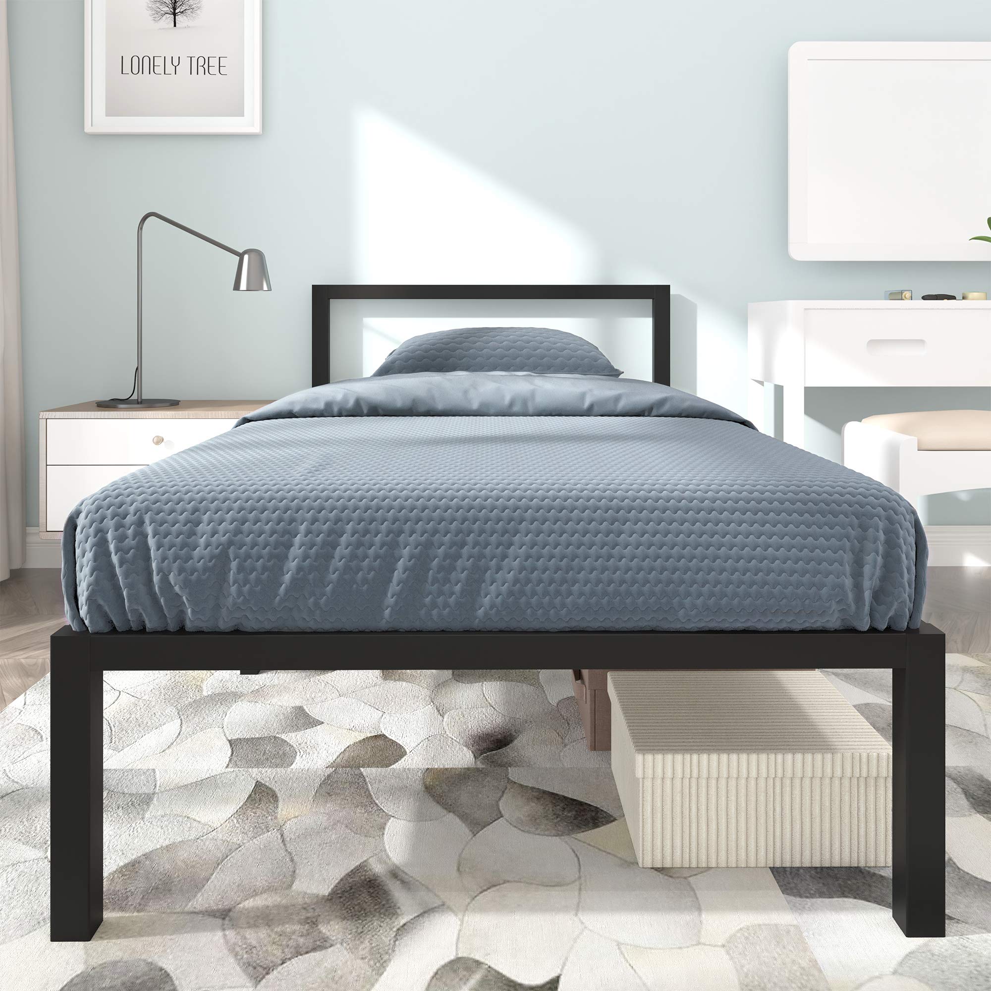Twin Size Metal Bed Frame with Headboard, 14 Inch Wooden Slat Platform Bed