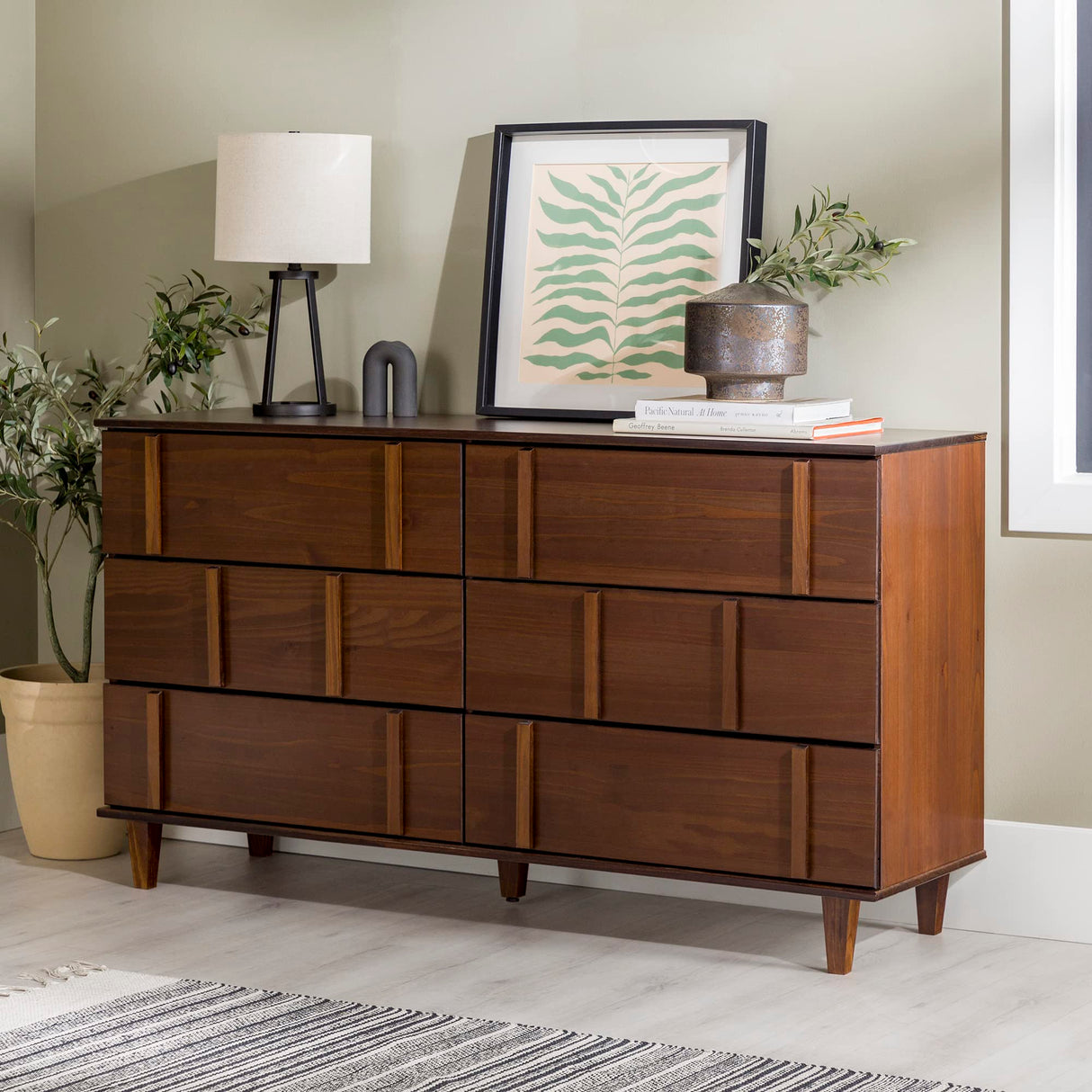 Contemporary Detailed 6-Drawer Solid Wood Dresser, 60 Inch, Walnut