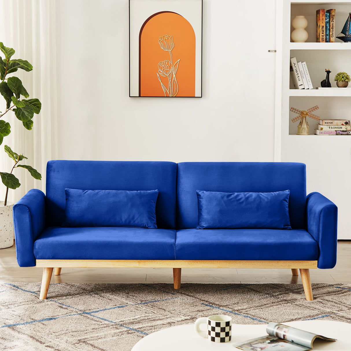 Blue Futon Sofa Bed, Velvet Convertible Sofa Couch Sleeper with Wood Legs & 2 Pillows
