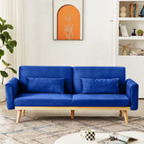 Blue Futon Sofa Bed, Velvet Convertible Sofa Couch Sleeper with Wood Legs & 2 Pillows