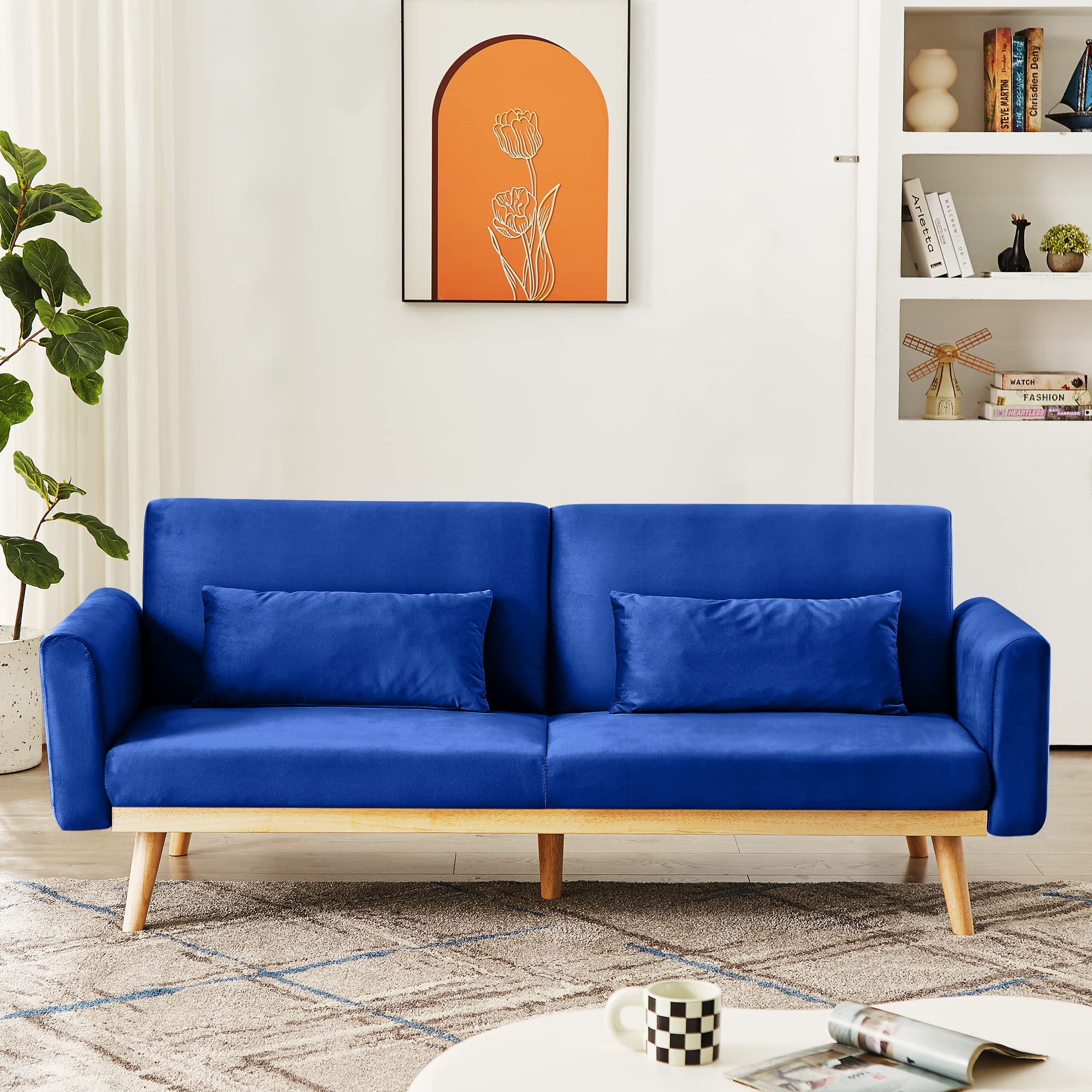 Blue Futon Sofa Bed, Velvet Convertible Sofa Couch Sleeper with Wood Legs & 2 Pillows