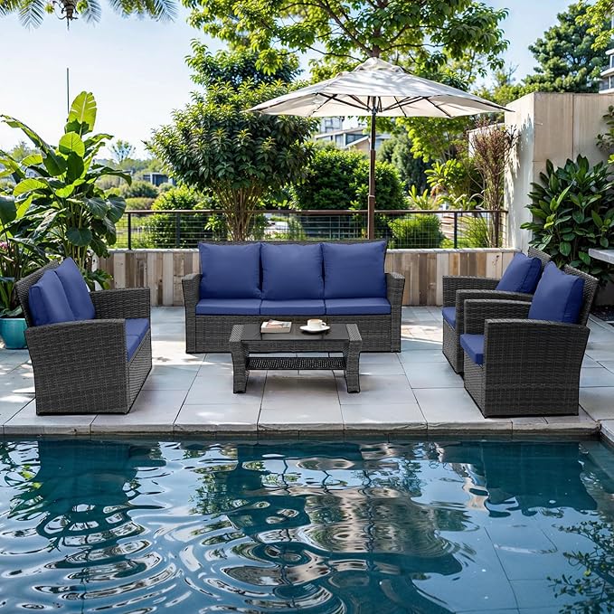 4 Piece Outdoor Patio Furniture Sets, Wicker Conversation Set for Porch Deck