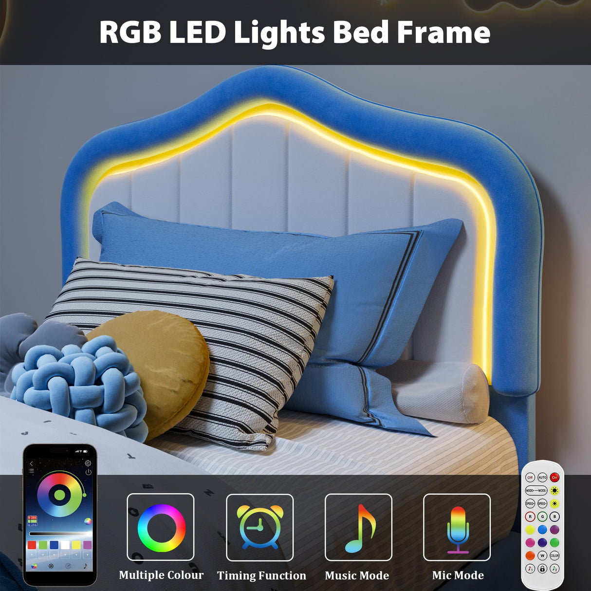 GAOMON Upholstered Twin-XL Size Bed Frame with Smart Led Headboard, Velvet Platform Bed Frame with Storage Drawer for Kids, Wooden Slats Support, No Box Spring Needed, Easy Assembly, Blue