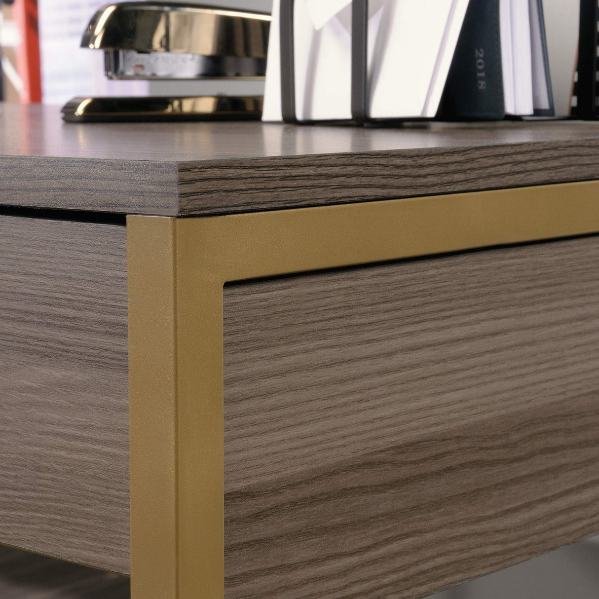 International Lux L-Shaped Desk, L: 65.98" x W: 60.0" x H: 29.72", Diamond Ash Finish