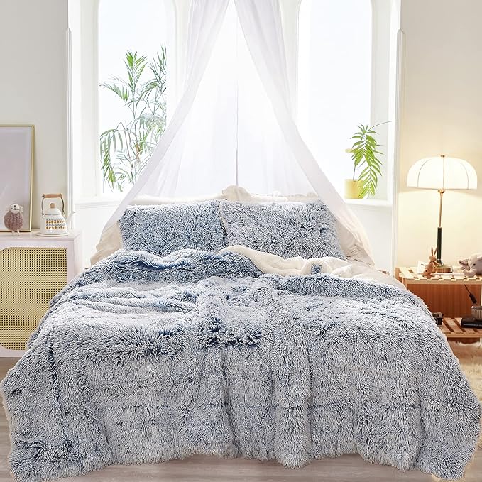 3-Piece Plush Shaggy Comforter Set, Full/Queen Size Luxury Faux Fur Sherpa Reversible