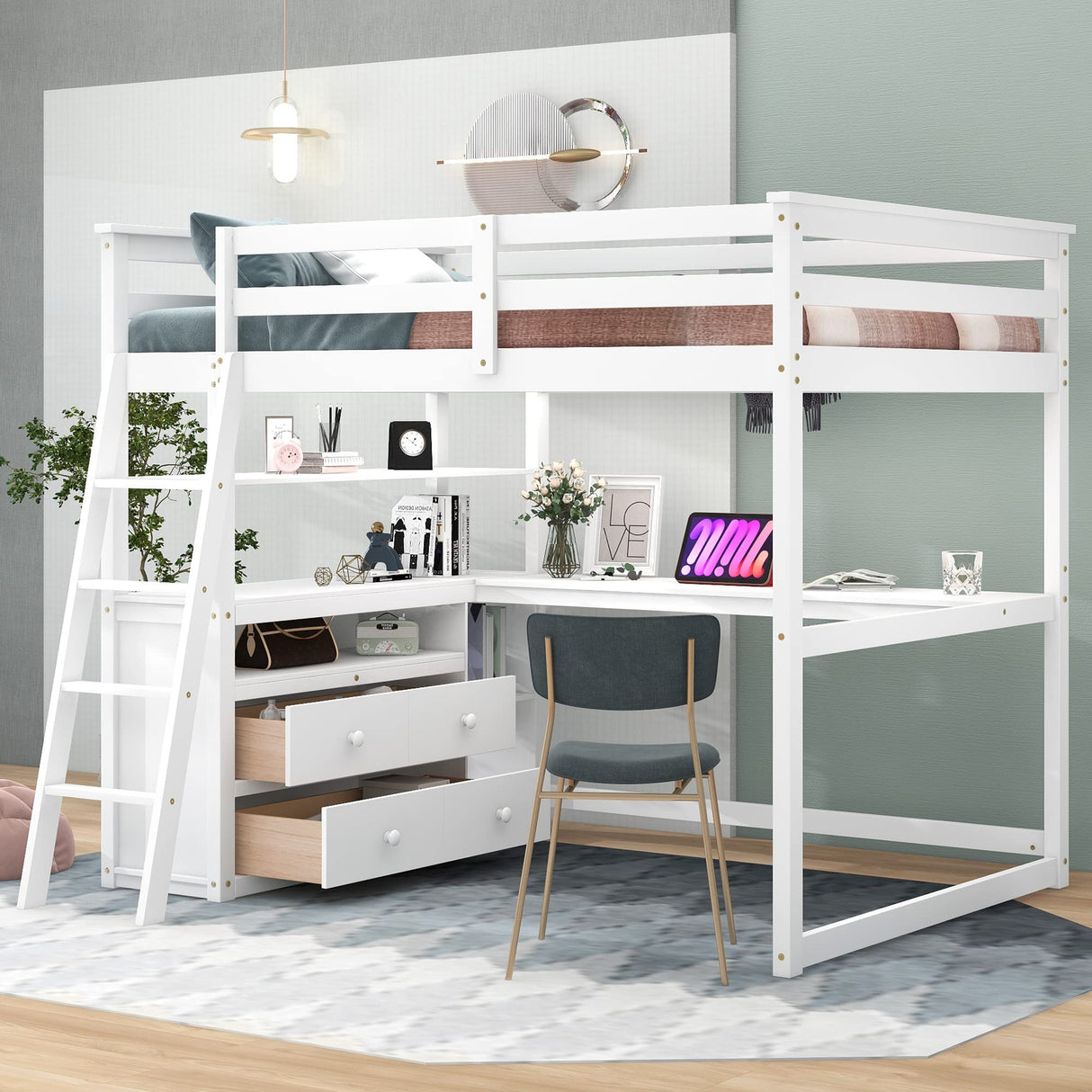 Full Size Loft Bed with Desk and Storage, Solid Wood Loft Bed Frame