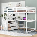 Full Size Loft Bed with Desk and Storage, Solid Wood Loft Bed Frame